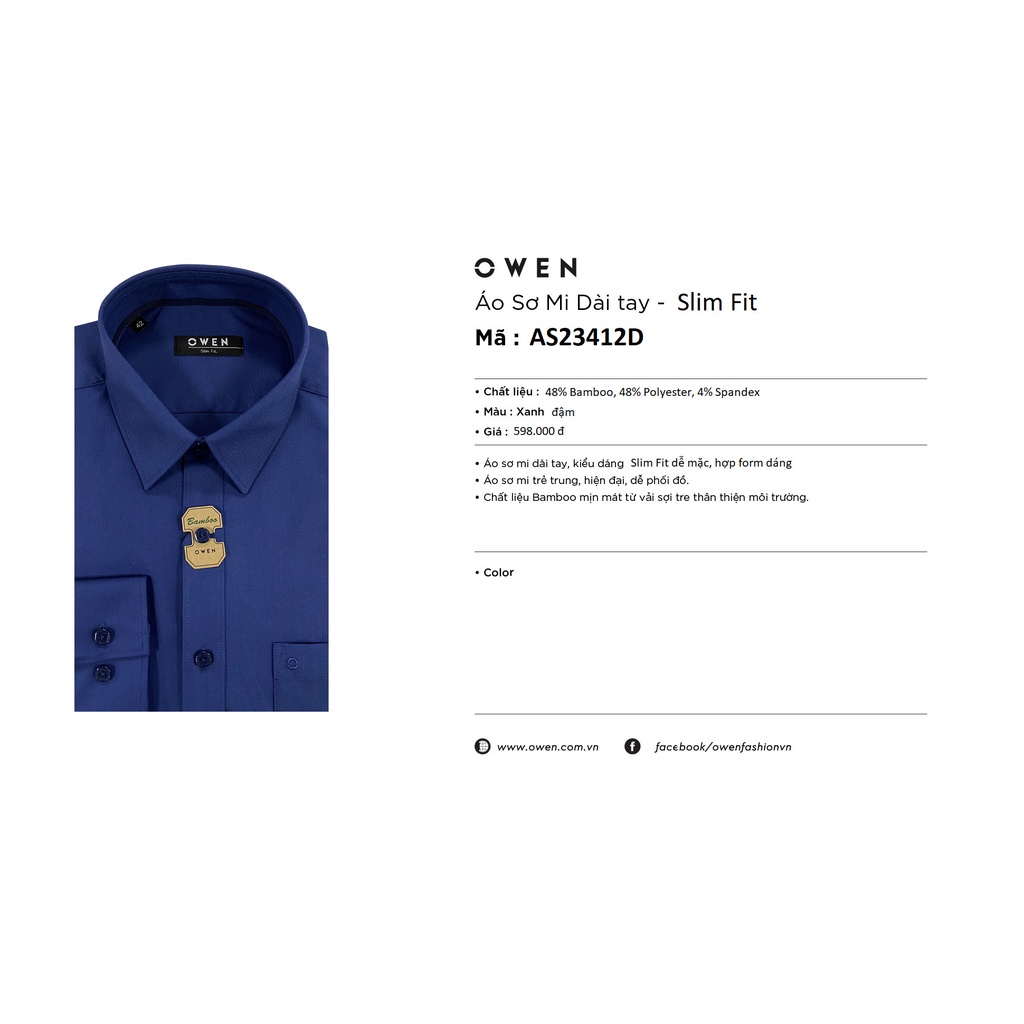 Áo Sơ Mi Nam Dài Tay OWEN AS23412D Somi Công Sở Cao Cấp Màu Xanh Than Trơn Dáng Ôm Tà Lượn Có Túi Vải Sợi Tre Mềm Mát