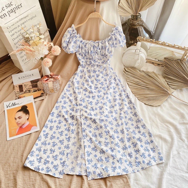 ĐẦM HOA XANH MIDI NHÍU NGỰC | BigBuy360 - bigbuy360.vn