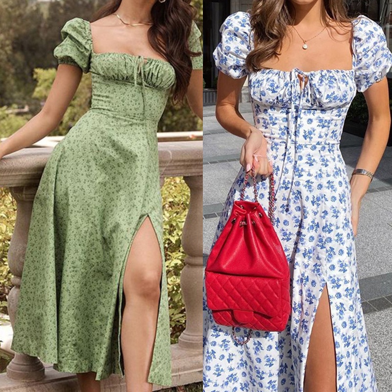 Đầm Midi Dáng Chữ A Tay Ngắn Cổ Vuông In Họa Tiết Hoa Phối Dây Cột Thời Trang Cổ Điển Quyến Rũ Cho Nữ
