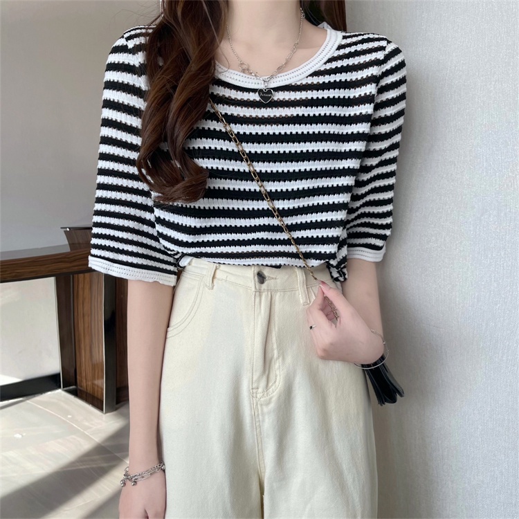 Áo lửng nữ len đan Leeva Shop phối sọc nhẹ nhàng A388