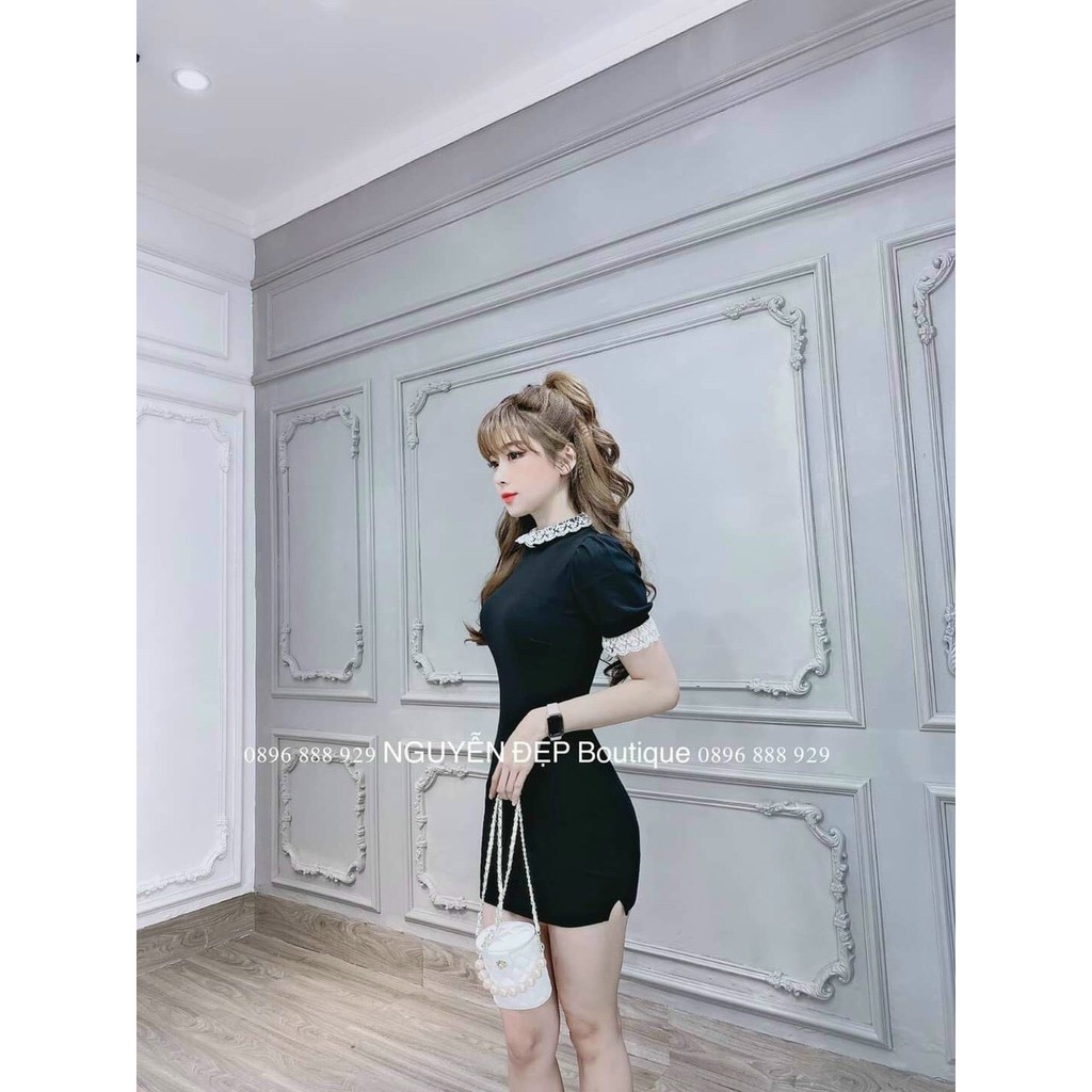 Đầm body tay và cổ viền ren dễ thương