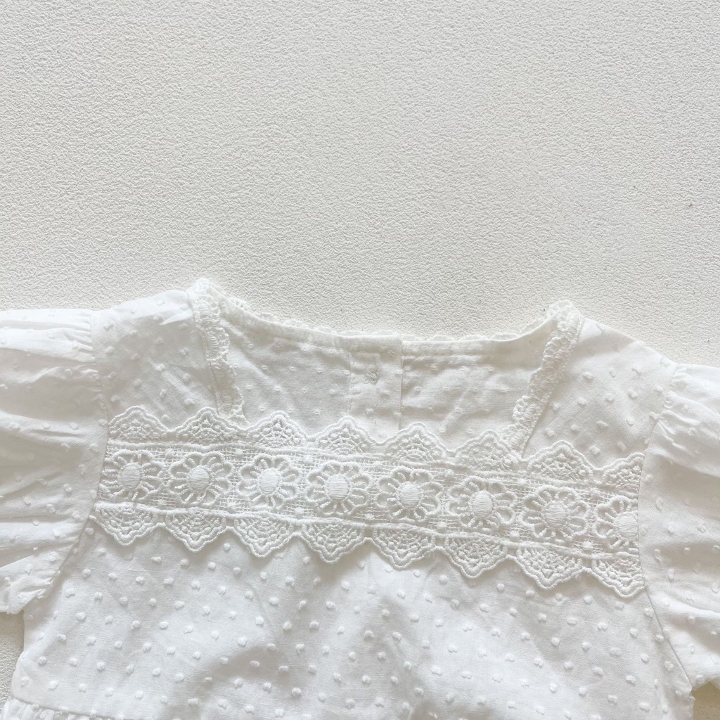 Set Jumpsuit Tay Ngắn Phối Ren Hoa + Nón Cho Bé Gái