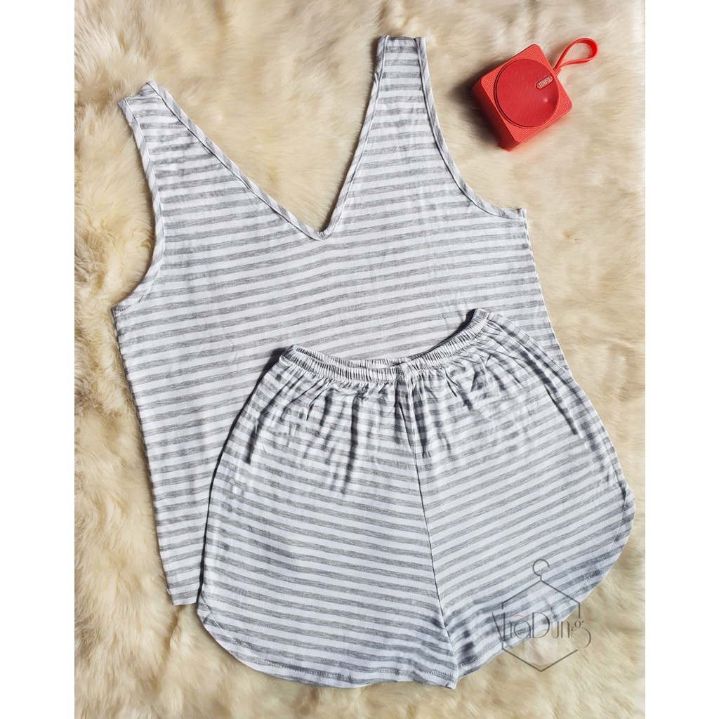Đồ bộ nữ mặc nhà sát nách sọc ngang Nhã Dung Store vải cotton 4 chiều dưới 65kg siêu mát kiểu dáng dễ thương sexy