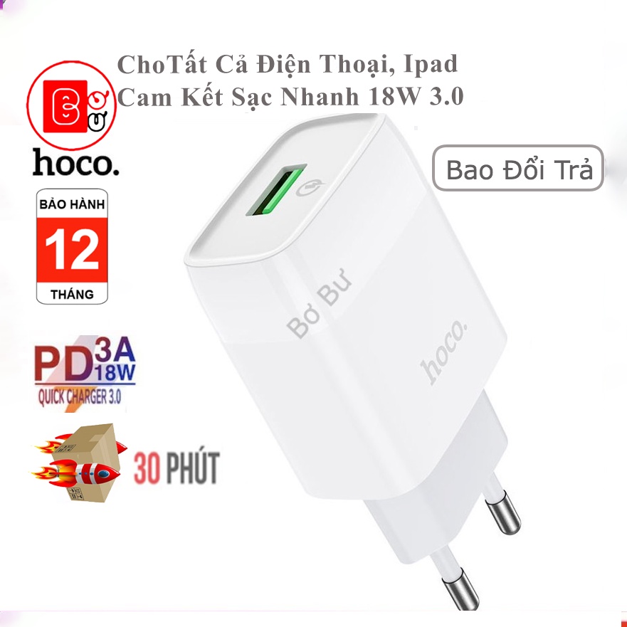 Củ Sạc NHANH 18W Hoco SIÊU BỀN C72Q 3.0QC Chính Hãng,Cốc sạc nhanh, nhập khẩu Đài Loan,v.v…- Bơ Bư