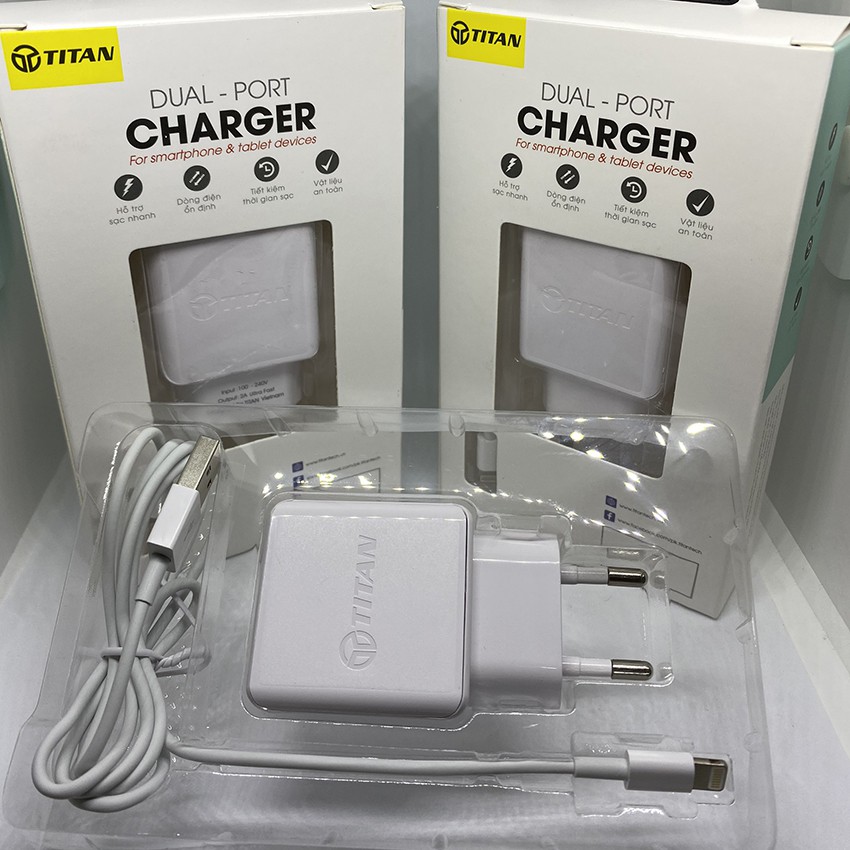 𝐂𝐨𝐦𝐛𝐨 sạc nhanh 2 cổng USB, bộ sạc bao gồm Củ sạc 2 cổng và Dây sạc Iphone ,chân sạc Lightning - Titan - Hàng Chính Hãng