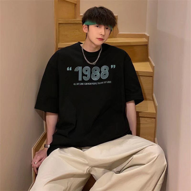 Áo Thun Mùa Hè 1988 Tay Cộc Dáng Rộng In Chữ Màu Trắng Đen Có Size M-3XL Cho Nam