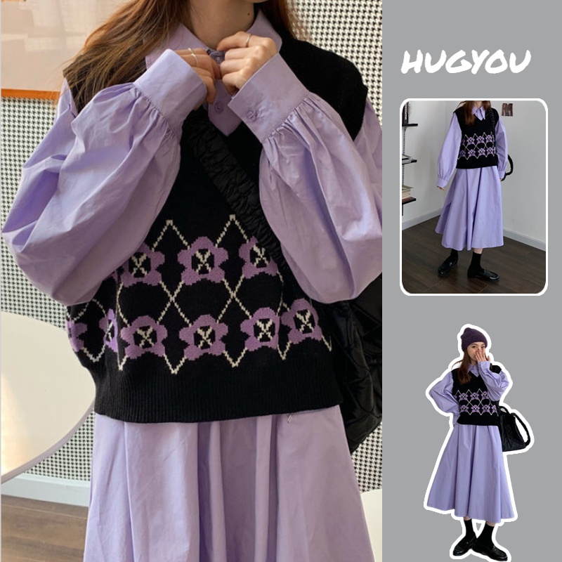 Set Đầm Tay Dài Màu Tím + Áo Khoác Len Không Tay Thiết Kế Mới Thời Trang Dành