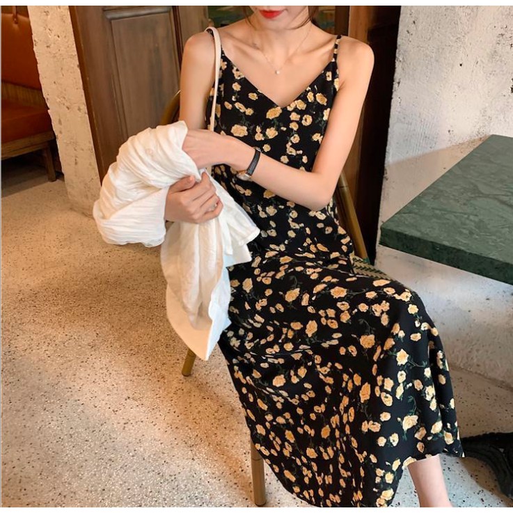 Váy hoa nhí mindi cổ tim dáng xuông 2 dây nhỏ đầm hoa nữ dáng dài đi biển, du lịch mẫu siêu hot M06 | BigBuy360 - bigbuy360.vn