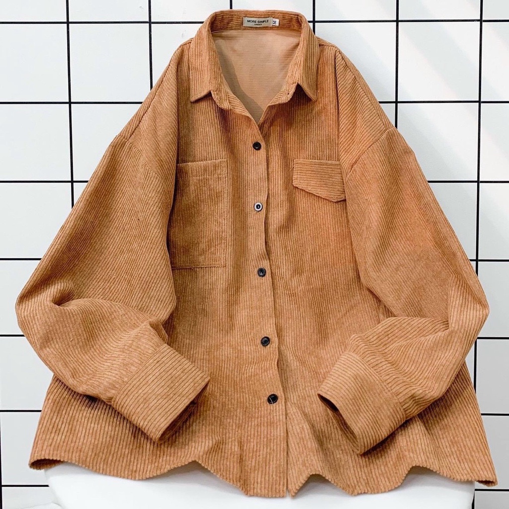Áo Khoác Sơ Mi Nhung Gân Nam Nữ Unisex Nắp Túi 1 Bên Chất Dày Dặn Phong Cách Hàn Quốc