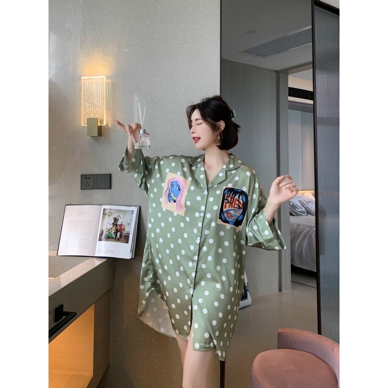 [Cao Cấp] Đầm Ngủ Pajamas Sơ Mi Phom Rộng Phi Lụa Cao Cấp, Đầm Sơ Mi Lụa Satin Mịn Mát & Ít Nhăn (3 mẫu)