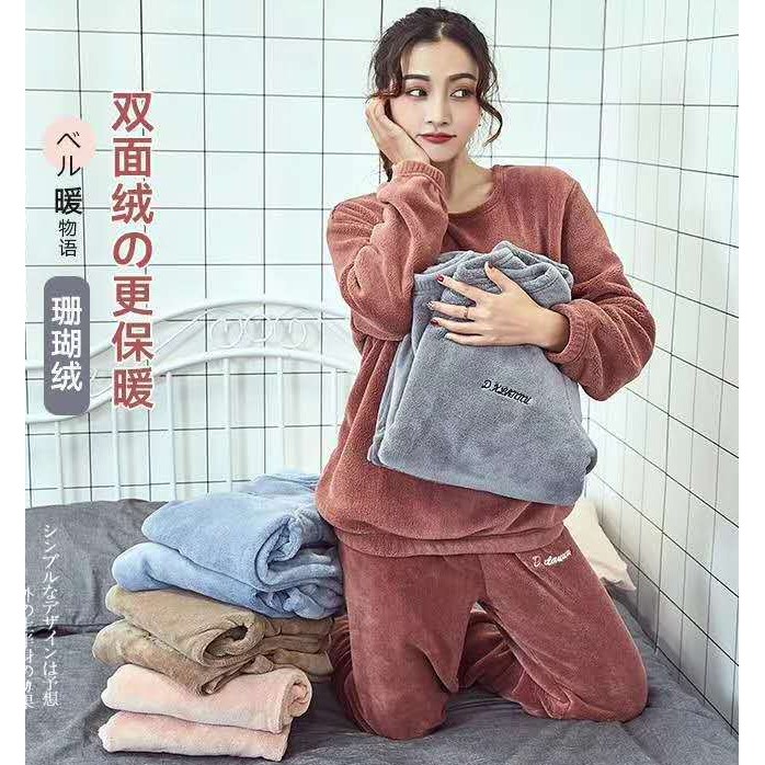 Đồ bộ nữ nỉ lông D Studio thêu chữ bộ bông mặc ở nhà mùa đông siêu ấm giữ nhiệt