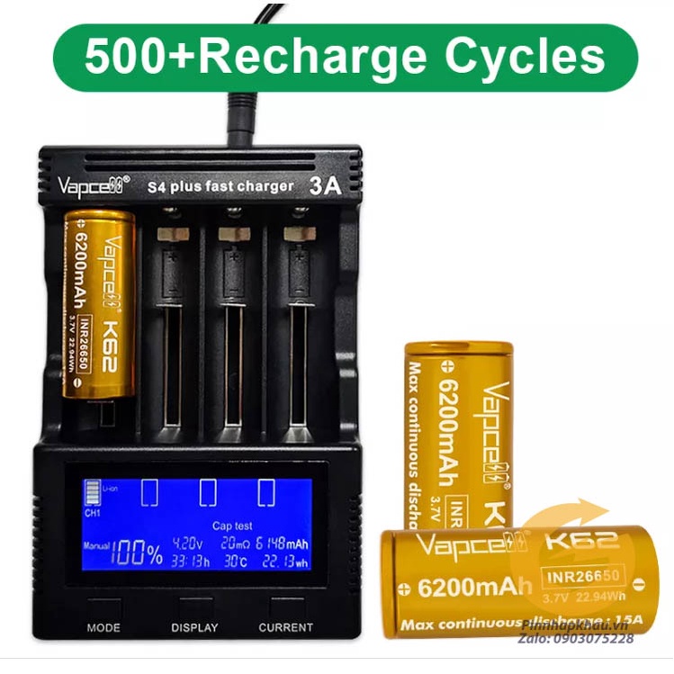 Pin sạc 26650 Vapcell K62 dung lượng thật lớn nhất 6200mah xã 15A Liên tục