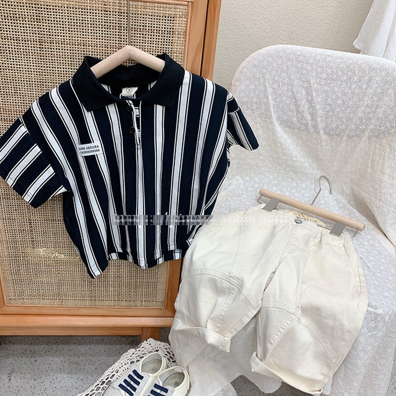 Áo Sơ Mi Polo Ngắn Tay Họa Tiết Sọc Dọc Phong Cách Hàn Quốc Mẫu Mới Thời Trang Mùa Hè Cho Bé Trai