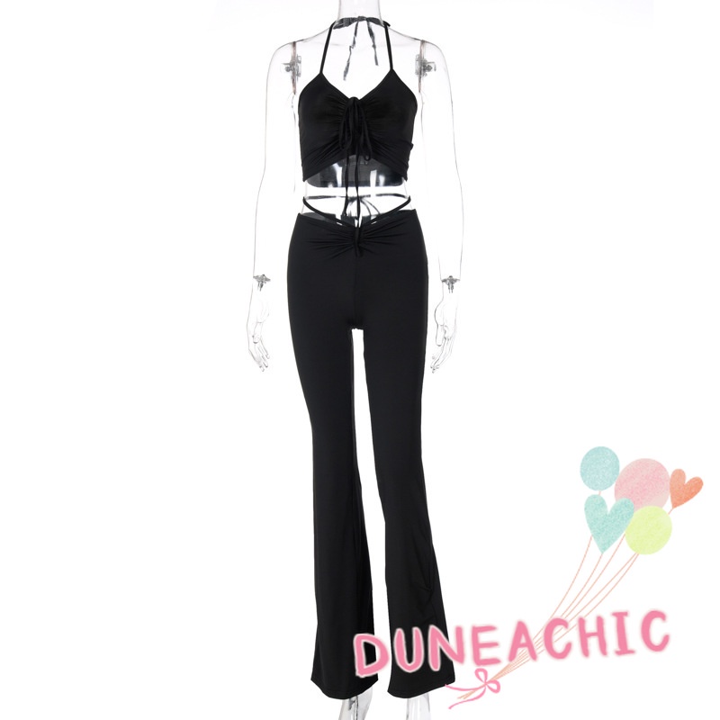 DUNEA Set Đồ 2 Món Áo Tank Top Trơn Thắt Nơ Eo Và Quần Dài Màu Trơn Cho Nữ
