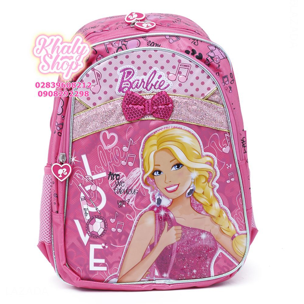 Balo trẻ em 15'' hình Barbie chấm bi đính nơ màu hồng dành cho học sinh ,bé gái - BLBALV15H (32x12x38cm)