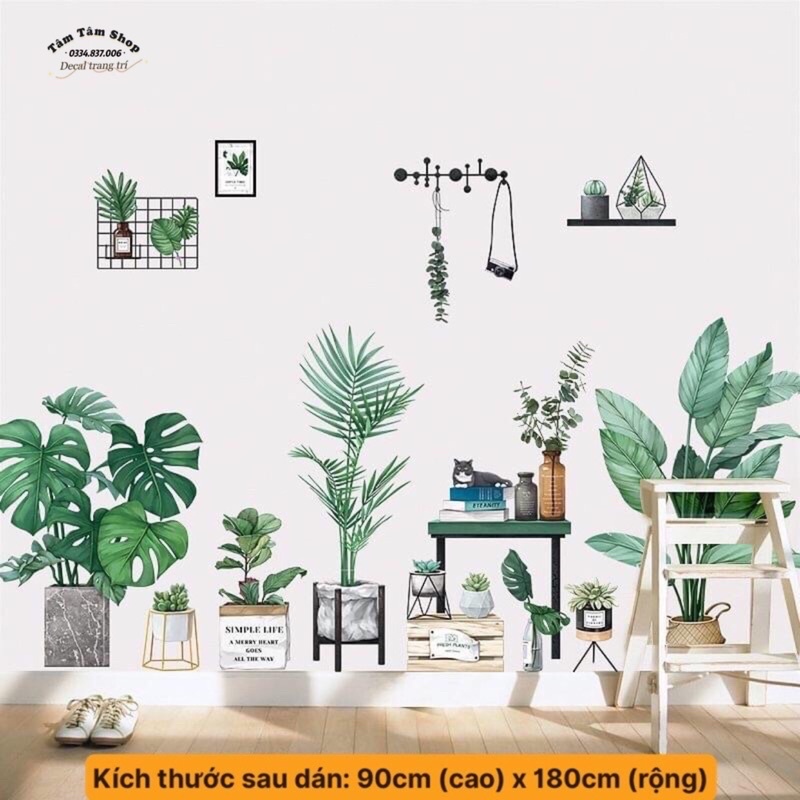 Decal dán tường chậu cây xanh cỡ to, sẵn keo dán