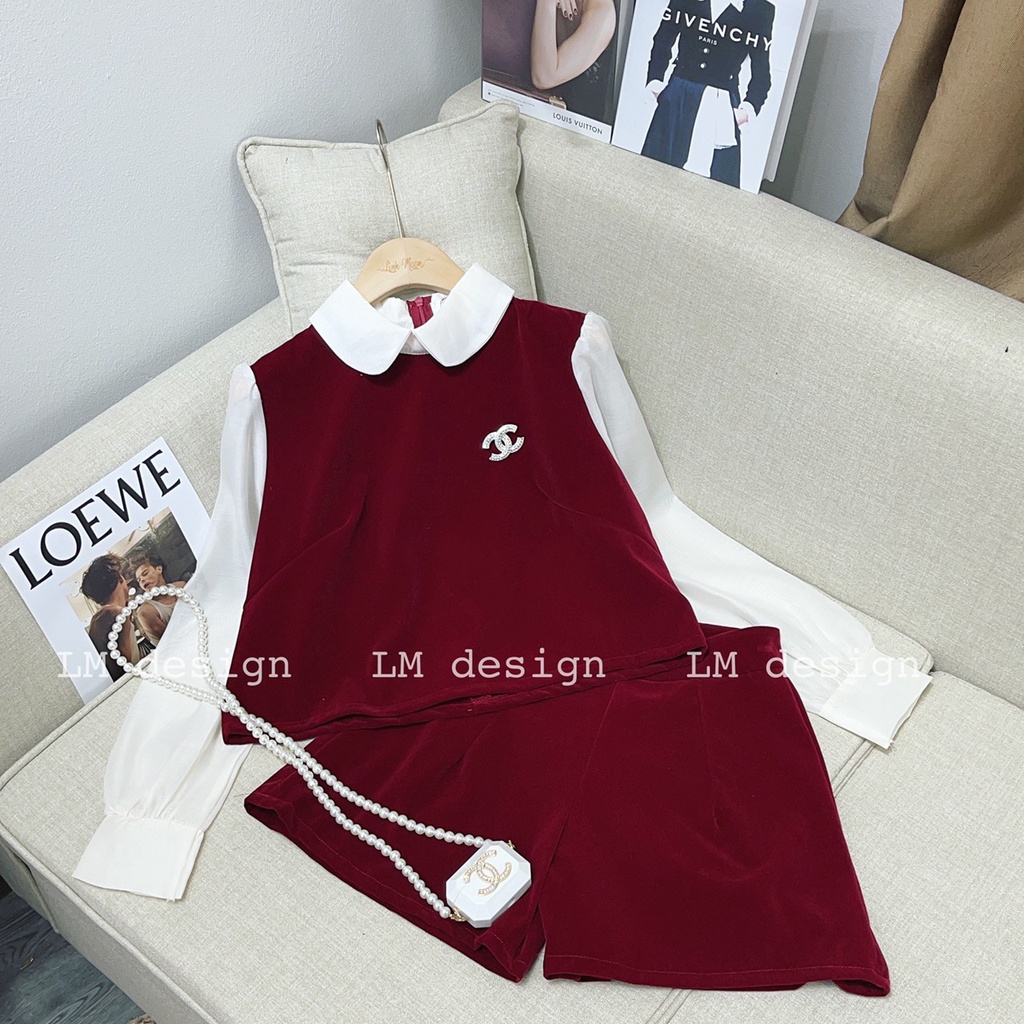 Set áo nhung cổ sơ mi mix quần short - Hàng loại 1