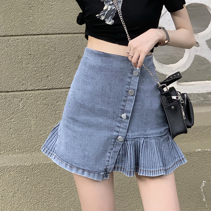 Chân Váy Denim Lưng Cao Xếp Ly Phối Nút Xinh Xắn Dành Cho Nữ | BigBuy360 - bigbuy360.vn