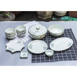 Bộ sản phẩm đồ ăn vẽ hoa sen gốm sứ Bát Tràng (13 món)