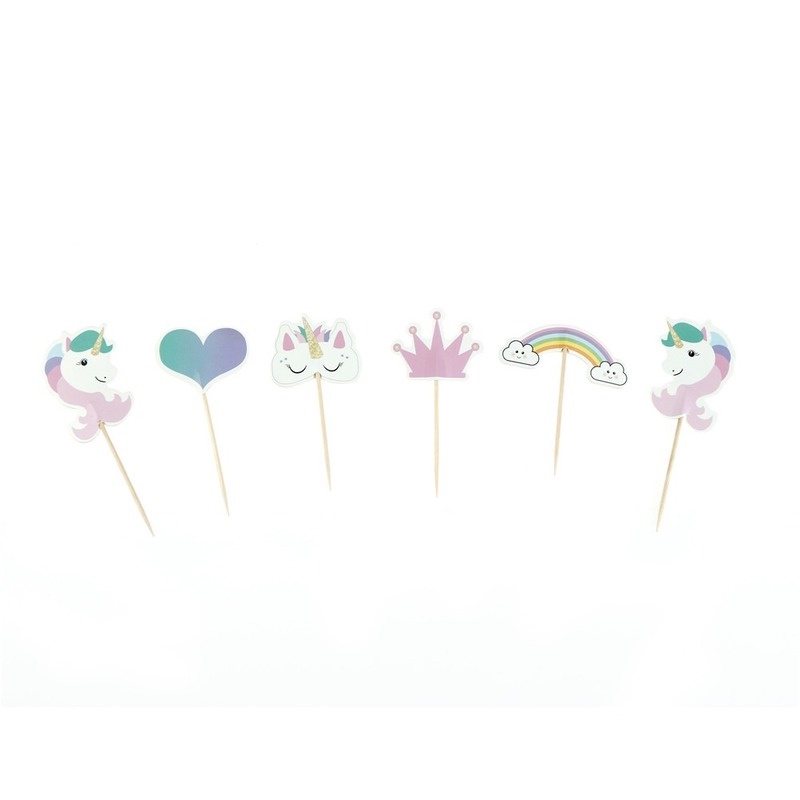 Set 24 Phụ Kiện Trang Trí Bánh Cupcake Hình Kỳ Lân Cầu Vồng Dễ Thương