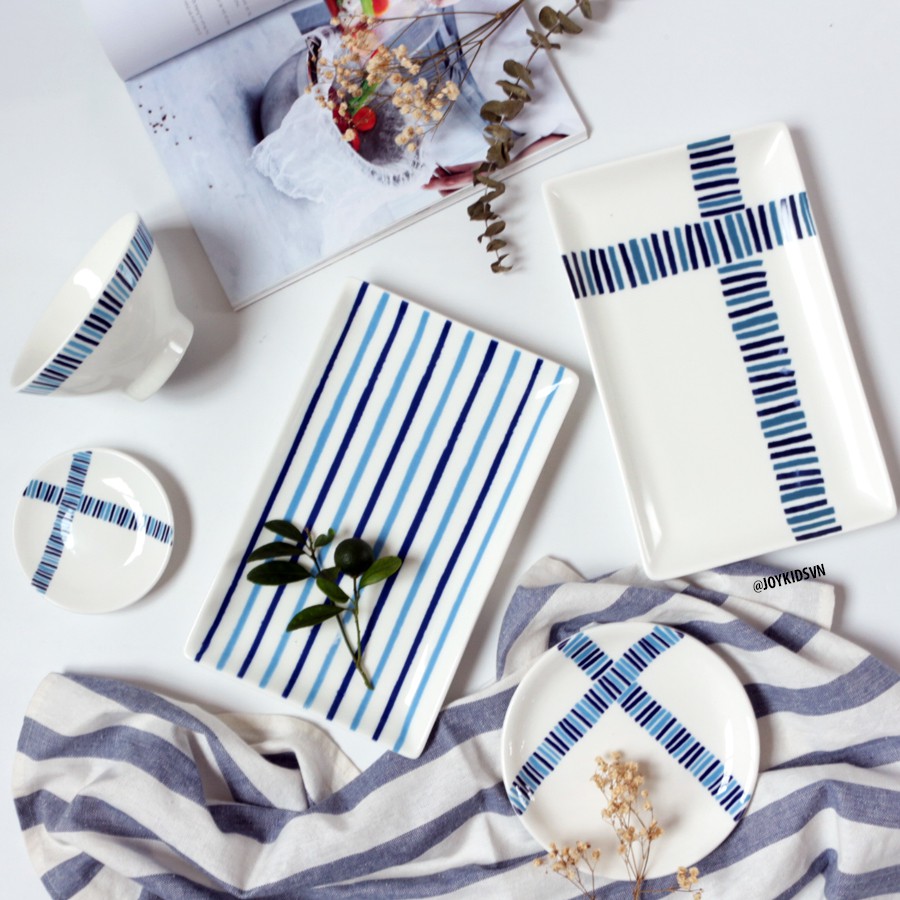 Dĩa gốm chữ nhật sọc xanh | Đĩa gốm phong cách Bắc Âu hiện đại - Ceramic dish with blue line