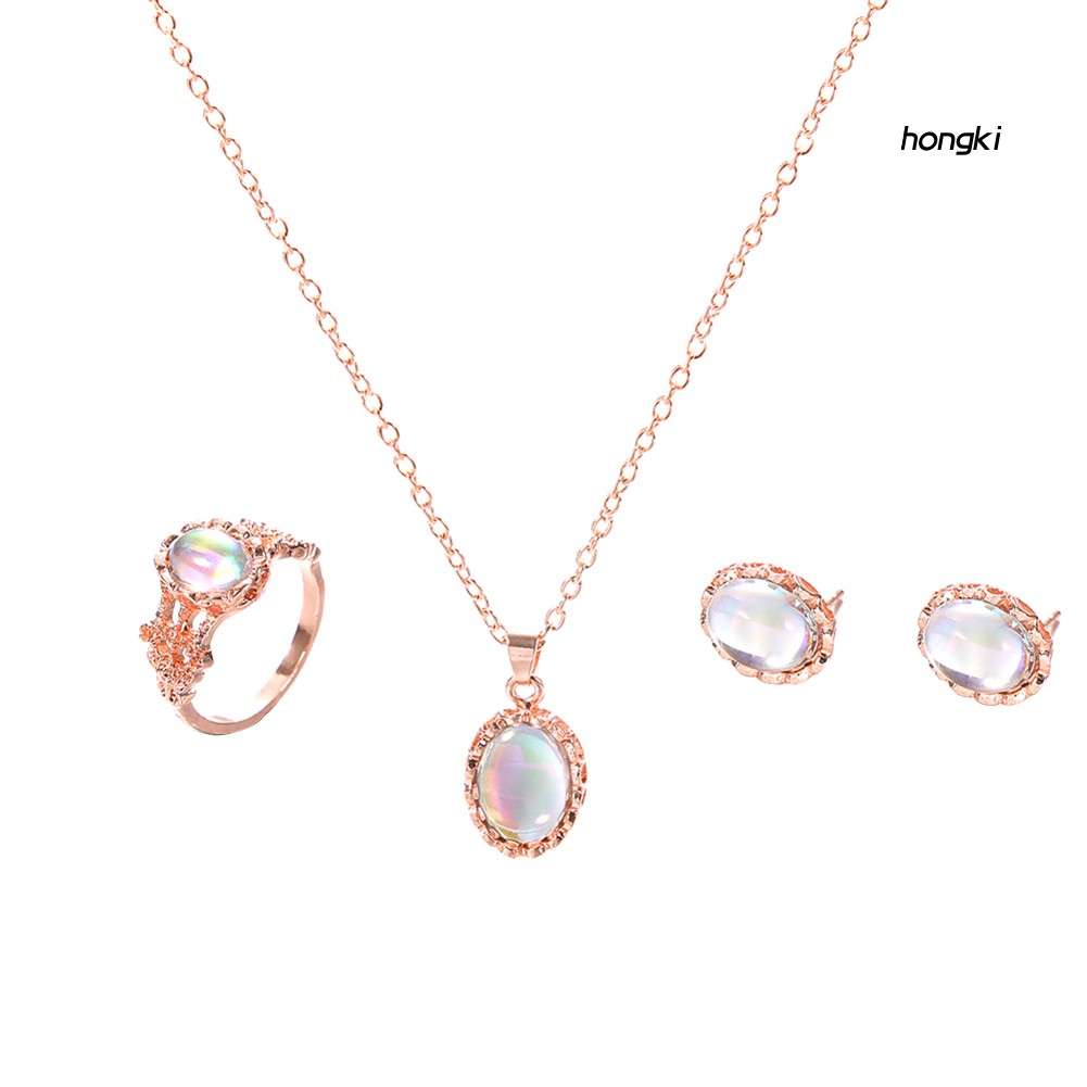 Bộ Trang Sức Nhẫn+Vòng Cổ+Bông Tai Hợp Kim Đính Đá Opal Nhân Tạo Hình Oval Sang Trọng