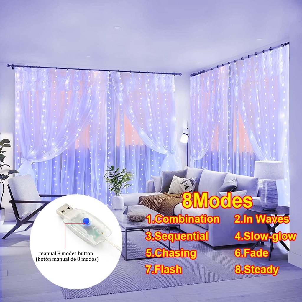 Dây Đèn LED Treo Rèm Cửa Trang Trí 3mx3m Kèm Điều Khiển Từ Xa 13 Phím