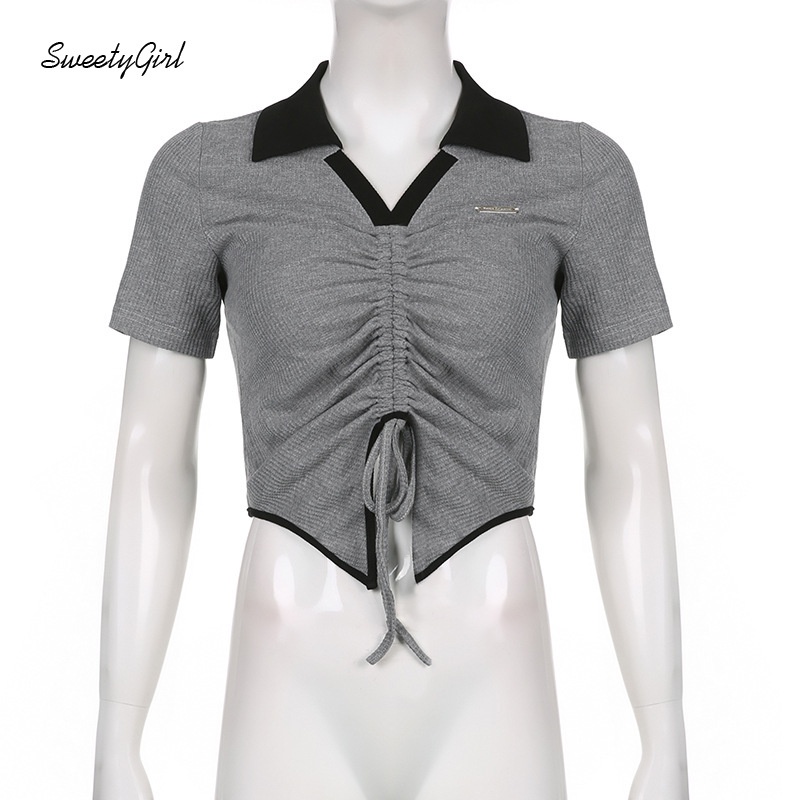 Áo Croptop Dệt Kim Tay Ngắn Cổ Bẻ Màu Sắc Tương Phản Dành Cho Nữ