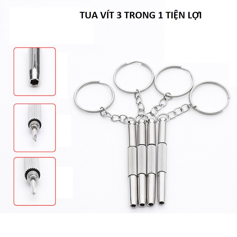 Tua vít 3 đầu đa năng nhỏ gọn tiện lợi kèm móc gắn chìa khóa bỏ túi sửa chữa kính, thiết bị điện tử