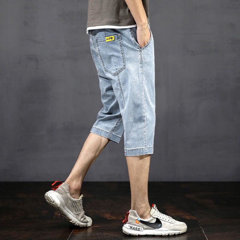 Summer Thin Denim Shorts Men's Capri Pants Men's Loose Straight Stretch Capri Pants Casual Harem Trendy Pants