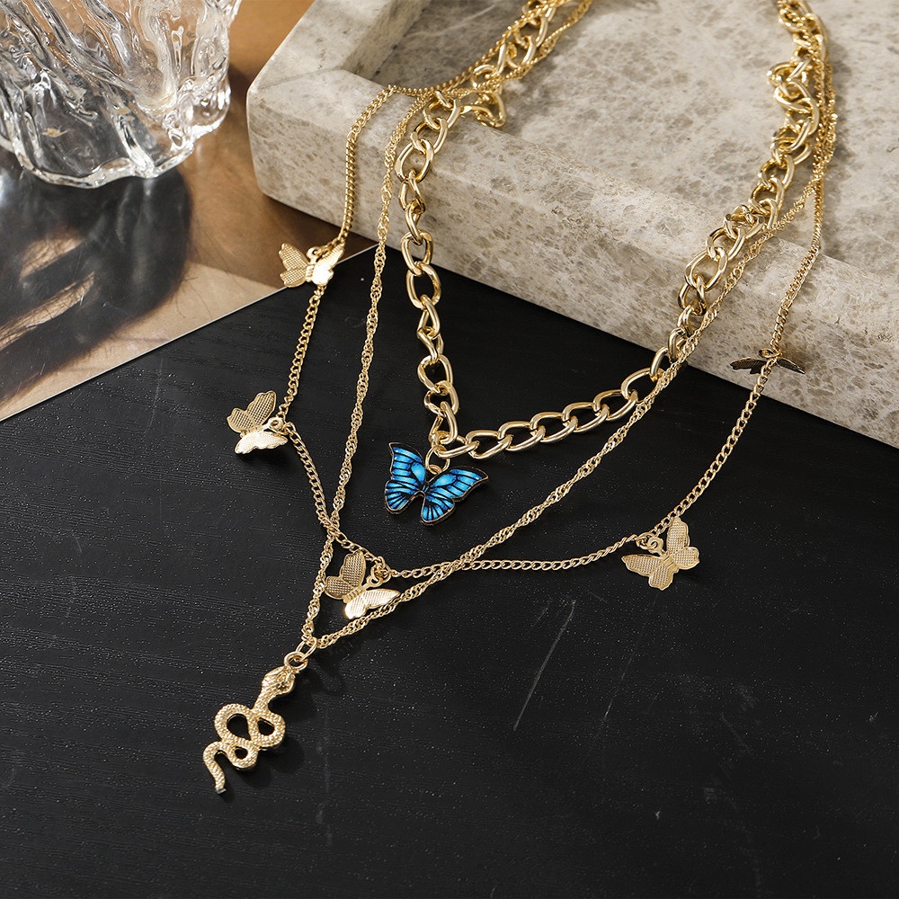 Bộ 3 Vòng Cổ Choker Nhiều Lớp Hình Rắn/Bướm Màu Vàng/Xanh Dương Thời Trang Cổ Điển Cho Nữ