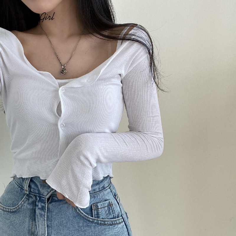 Áo Thun Tay Dài Cổ Chữ V Cài Nút Màu Trơn Dáng Ôm Quyến Rũ Dành Cho Nữ 2022