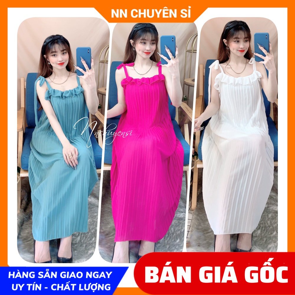 Đầm maxi xếp li 2 dây buộc nơ vai phom suông dễ thương (bầu bí bon chen thoải mái) Đầm voan dập li vải mềm Đầm bầu TP118