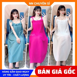 Đầm maxi xếp li 2 dây buộc nơ vai phom suông dễ thương (bầu bí bon chen thoải mái) Đầm voan dập li vải mềm Đầm bầu TP118