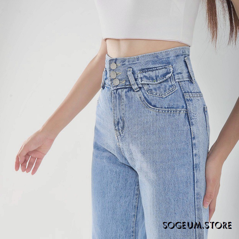 Quần jeans nữ dáng suông rộng, quần bò cạp cao tua gấu size SML sogeum.store