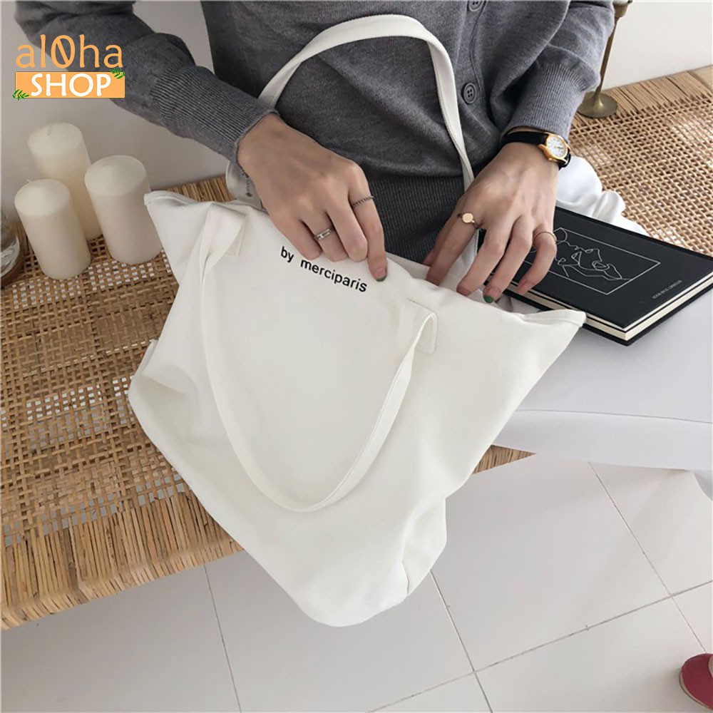 Túi tote đeo vai vải bố canvas T052 nữ in chữ by merciparis có khóa kéo, mềm, đẹp phong cách Hàn