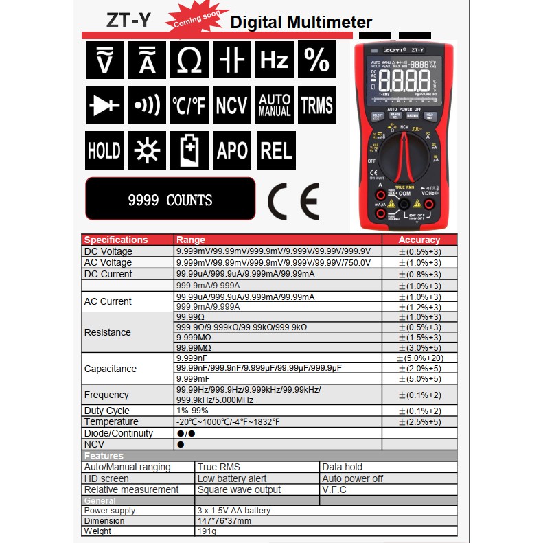 Đồng Hồ Đo Điện Zoyi Zt-Y Cao Cấp Đo Điện Vạn Năng Tự Động 9999 Số Đếm  - Hàng Chính Hãng - Bảo Hành 12 Tháng