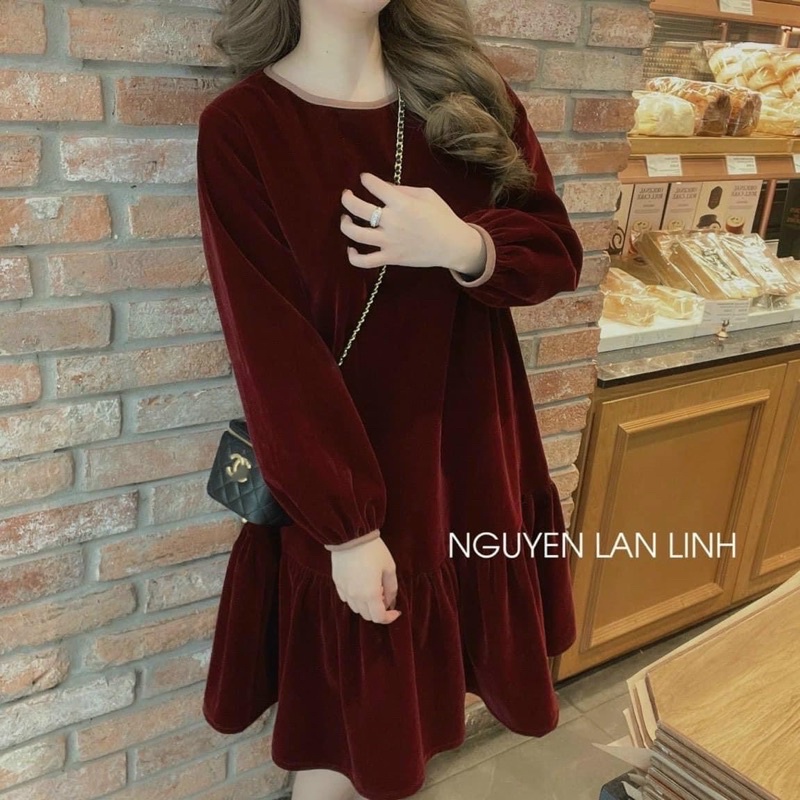 Váy Nhung Dài Tay Dáng Xoè Phom Rộng Bầu Bí Bon Chen Được Chất Đẹp Hàng Loại 1
