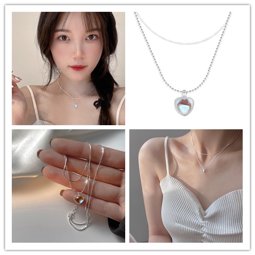 Vòng Cổ Choker Hai Lớp Đính Đá Mặt Trăng Trái Tim Màu Gradient Thời Trang Hàn Quốc Cho Nữ