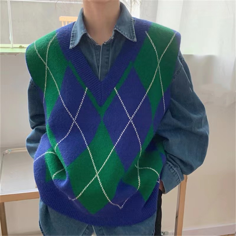 Áo sweater SUXI dệt kim cổ chữ V dáng rộng họa tiết caro phong cách Hàn Quốc cổ điển thời trang