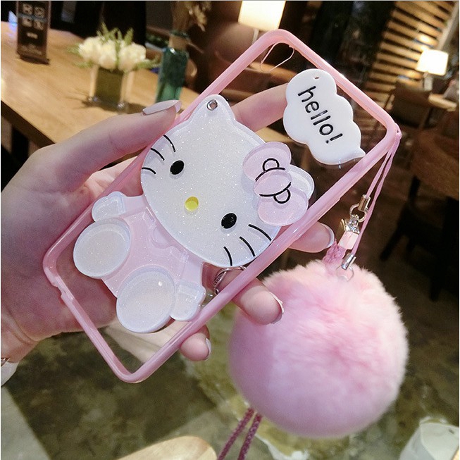 Ốp lưng họa tiết hình Hello Kitty đáng yêu đính bóng lông đáng yêu cho iPhone 5/5s/SE 6 6s 7 8 plus X
