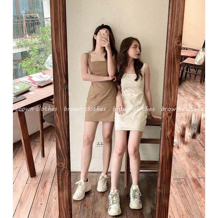 Váy body hai dây bản to, váy ngắn dáng suông chun lưng style Hàn Quốc - V25FG BROWN