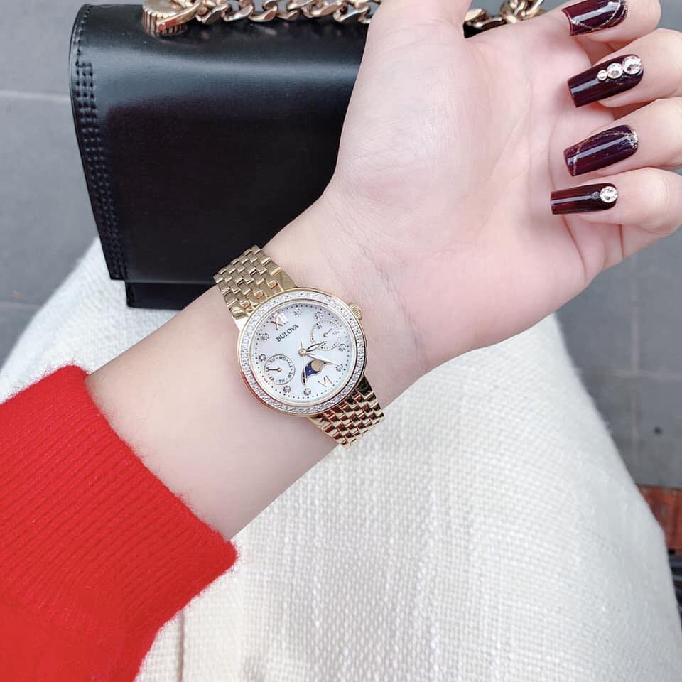 Đồng Hồ Nữ Bulova Diamond Moonphase Day Date Ladies Gold 98R224