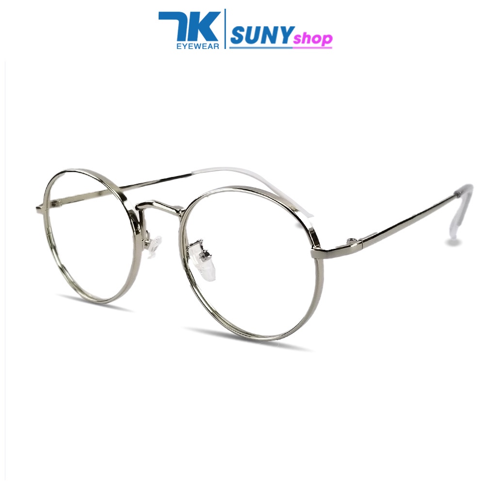 Gọng kính cận nam nữ mắt tròn kim loại cao cấp màu bạc 7K3019. Tròng giả cận 0 độ chống ánh sáng xanh, chống tia UV