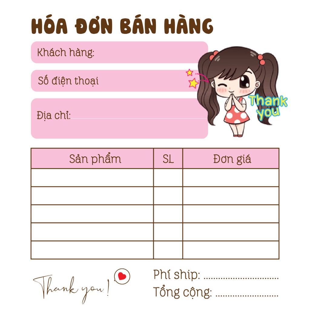 Hoá đơn bán hàng mini 1 liên dễ thương mẫu cô gái - G