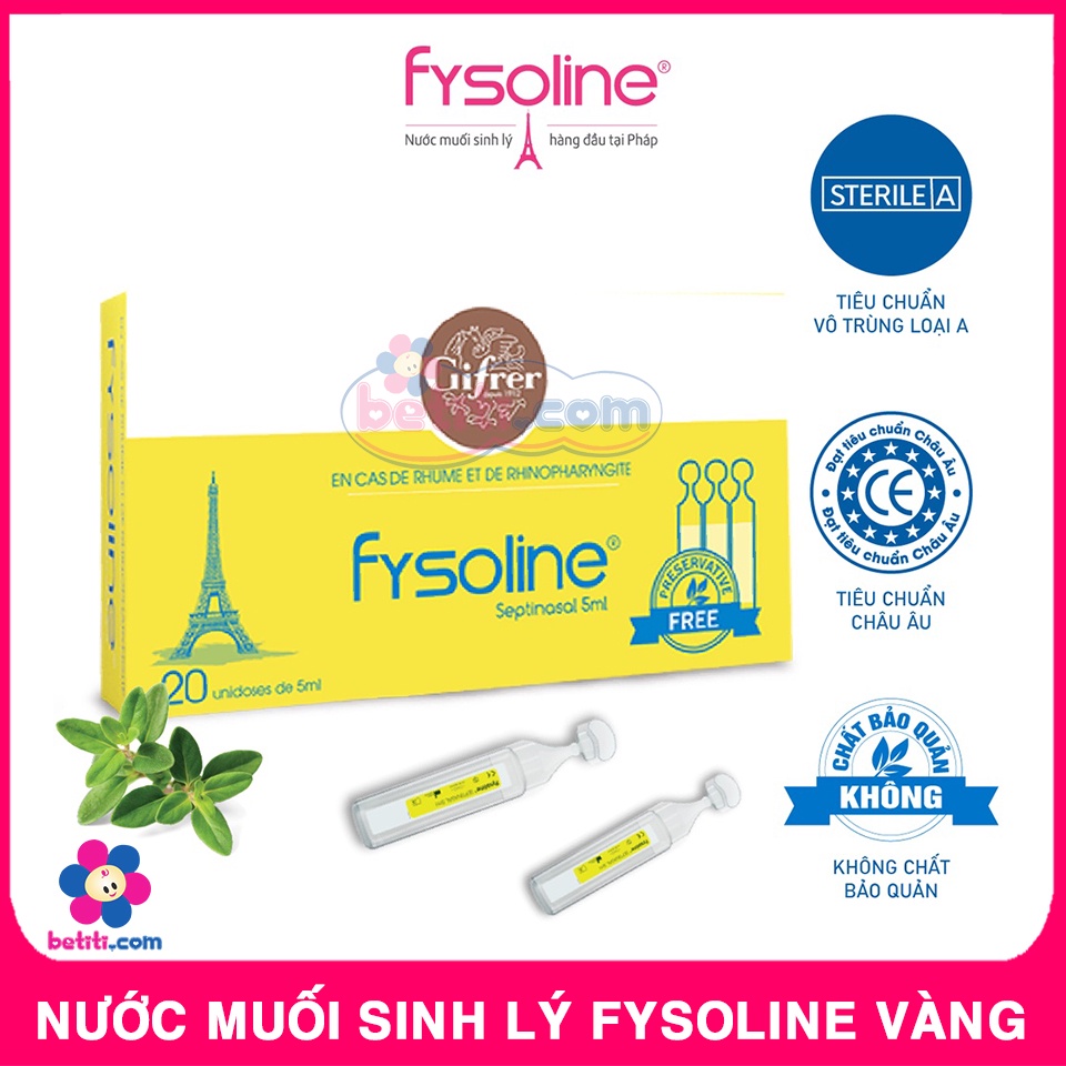 Fysoline Vàng, Nước Muối Sinh Lý Kháng Khuẩn Pháp, Hỗ Trợ Nghẹt Mũi, Viêm Mũi, Sổ Mũi, Có Bán Lẻ Vỉ 5 Ống