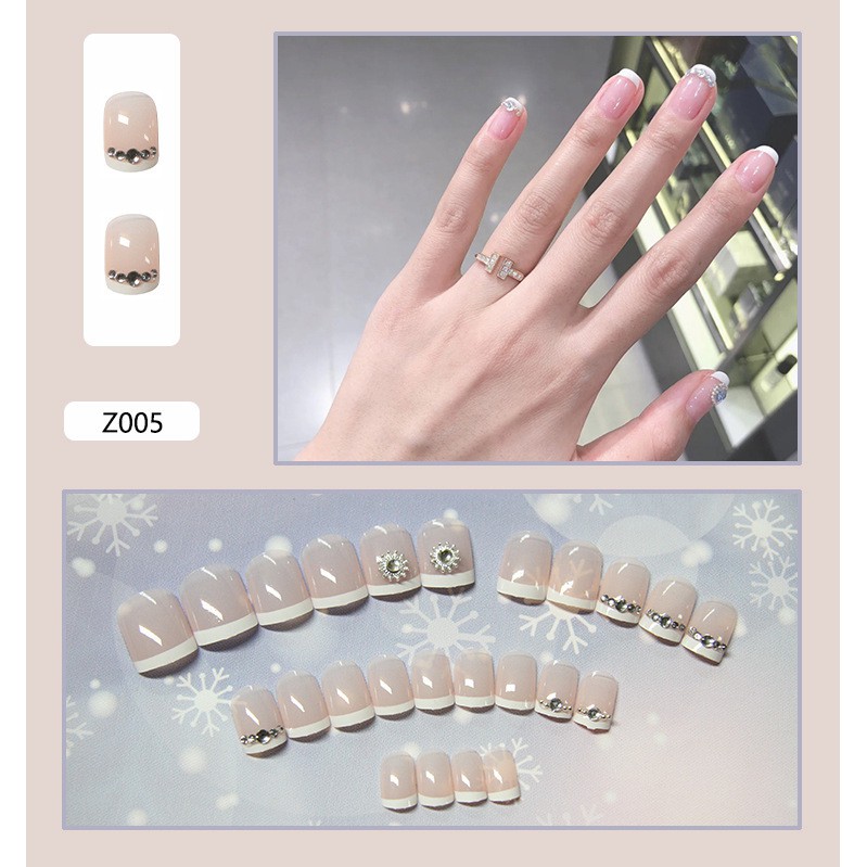 [Hàng mới về] Set 24 móng tay giả trang trí móng SUAKE kiểu Pháp đính đá/ngọc trai giả sáng bóng DIY