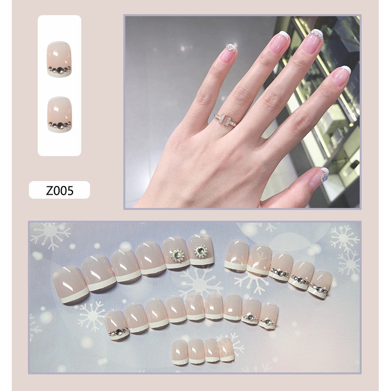 [Hàng mới về] Set 24 móng tay giả trang trí móng SUAKE kiểu Pháp đính đá/ngọc trai giả sáng bóng DIY