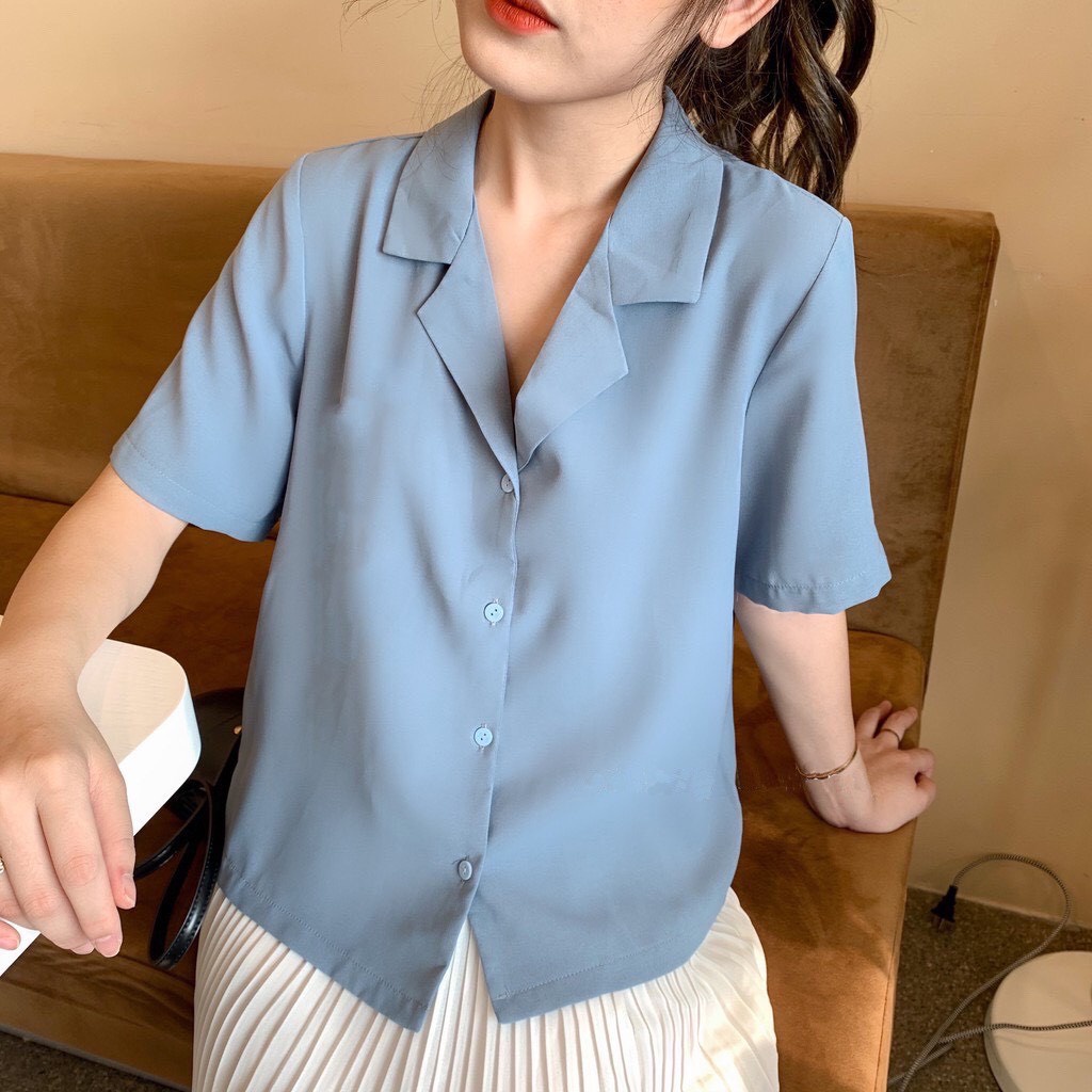 Áo sơ mi ngắn tay nữ cổ vest form rộng suông kiểu dáng basic unisex phong cách Hàn Quốc dễ kết hợp quần áo