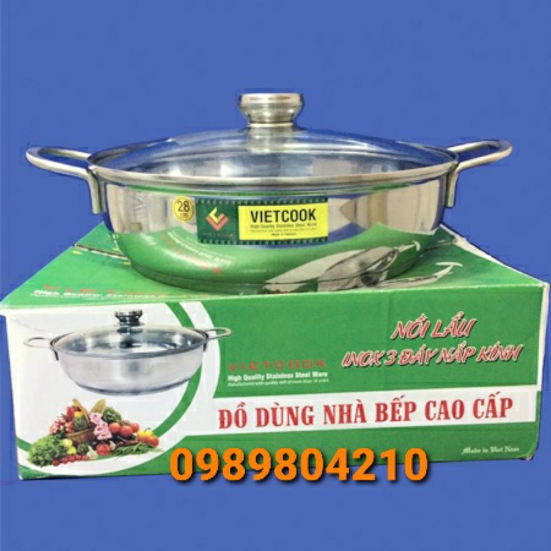 Lẩu 3 đáy  nắp kính vietcook  size 26cm, 28cm,30 cm ,nồi lẩu nắp kính , lẩu đun bếp từ hàng 3 đáy dày dặn Chính Hãng